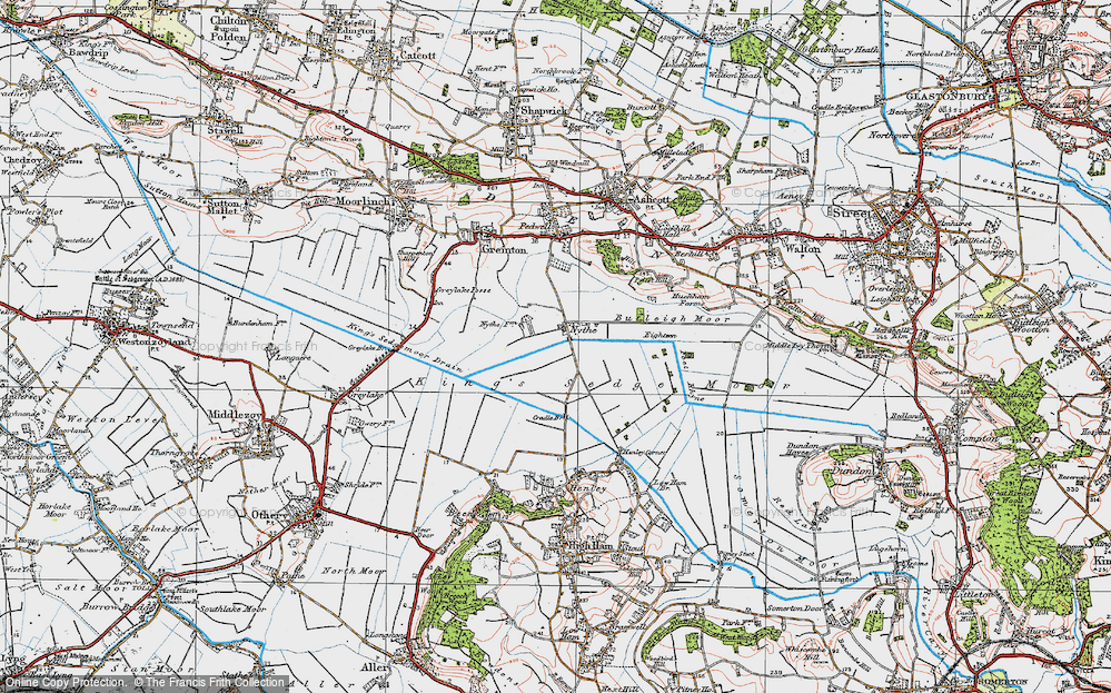 Old Map of Historic Map covering Butleigh Moor in 1919