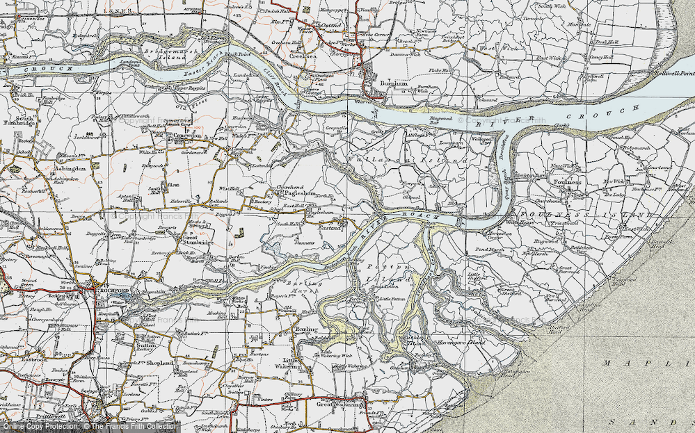 Old Map of Historic Map covering Barling Ness in 1921