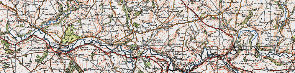 Old map of Penrhiw-llan in 1923
