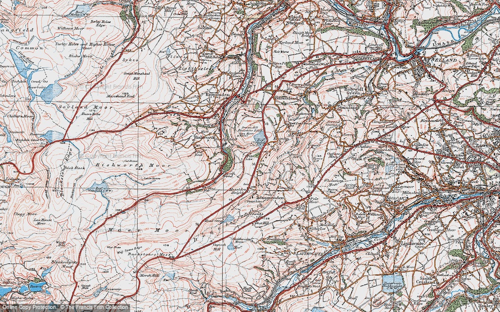 Old Map of Historic Map covering Moselden Height in 1925
