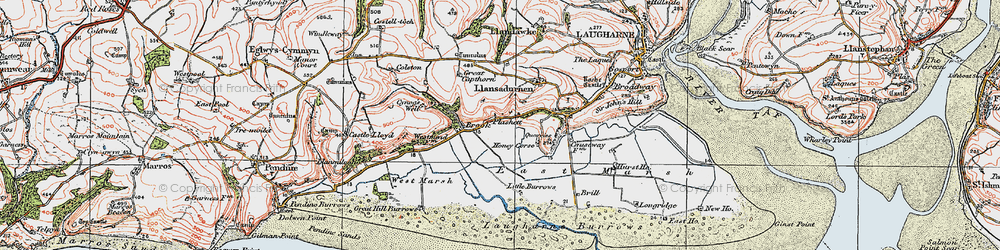 Old map of Laugharne Burrows in 1922