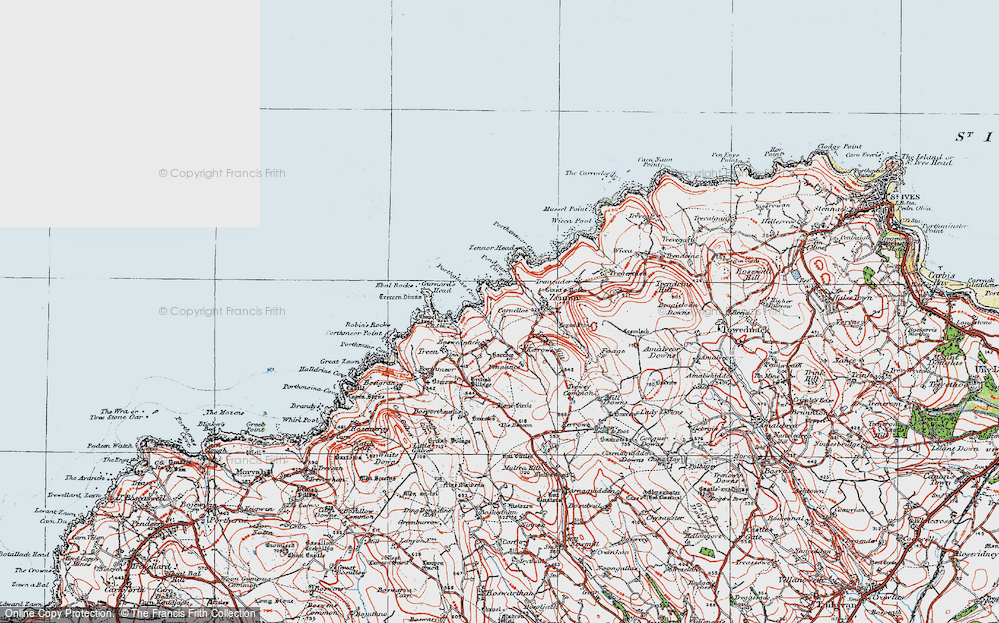 Old Map of Historic Map covering Zennor Head in 1919
