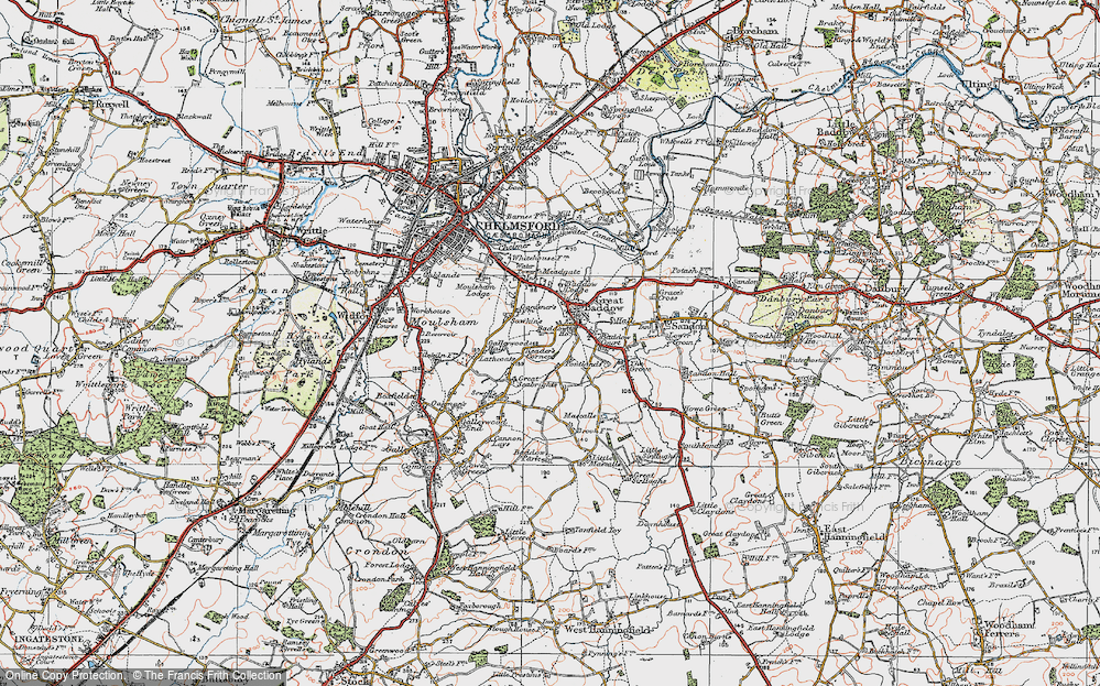 Old Map of Historic Map covering Galleywood Hall in 1921