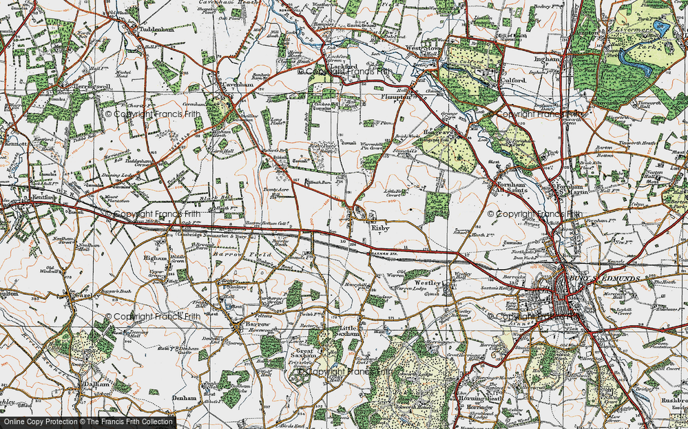 Old Map of Historic Map covering Saxham Business Park in 1920