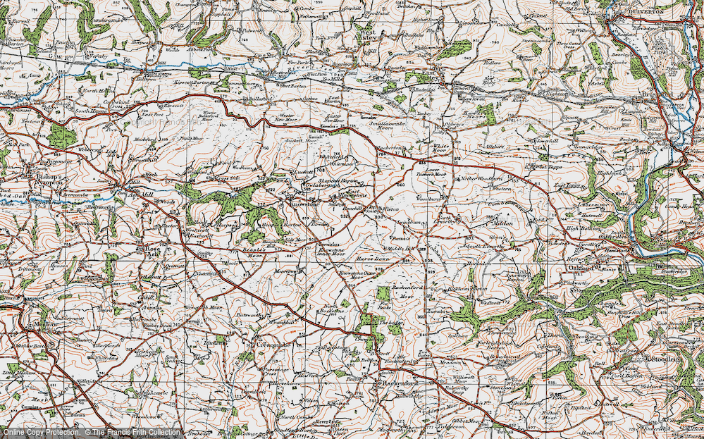 Old Map of Historic Map covering Bickham Moor in 1919