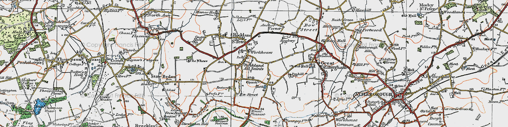 Old map of Rockland All Saints in 1921