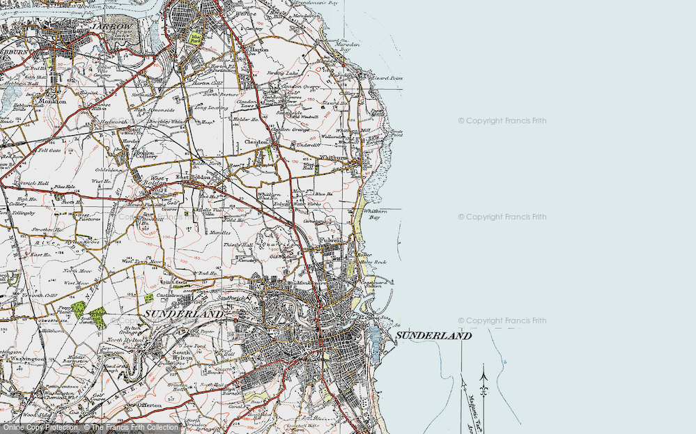 Old Map of Historic Map covering Whitburn Bay in 1925