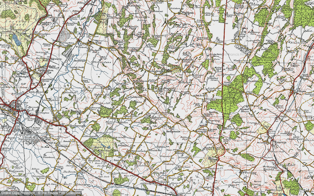 Old Map of Historic Map covering Brabourne Coomb in 1920