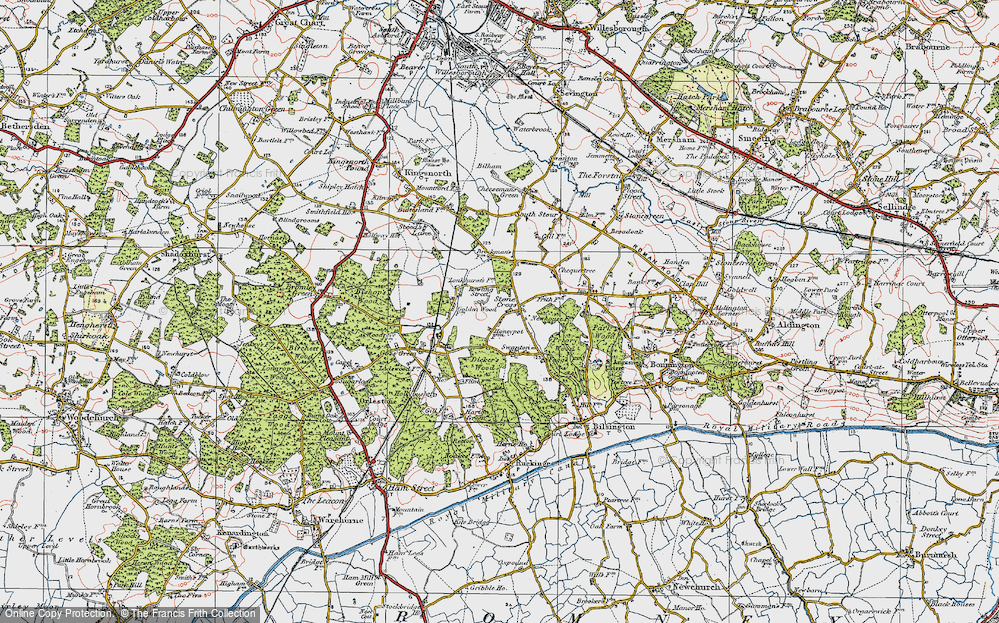Old Map of Historic Map covering Dicker's Wood in 1921
