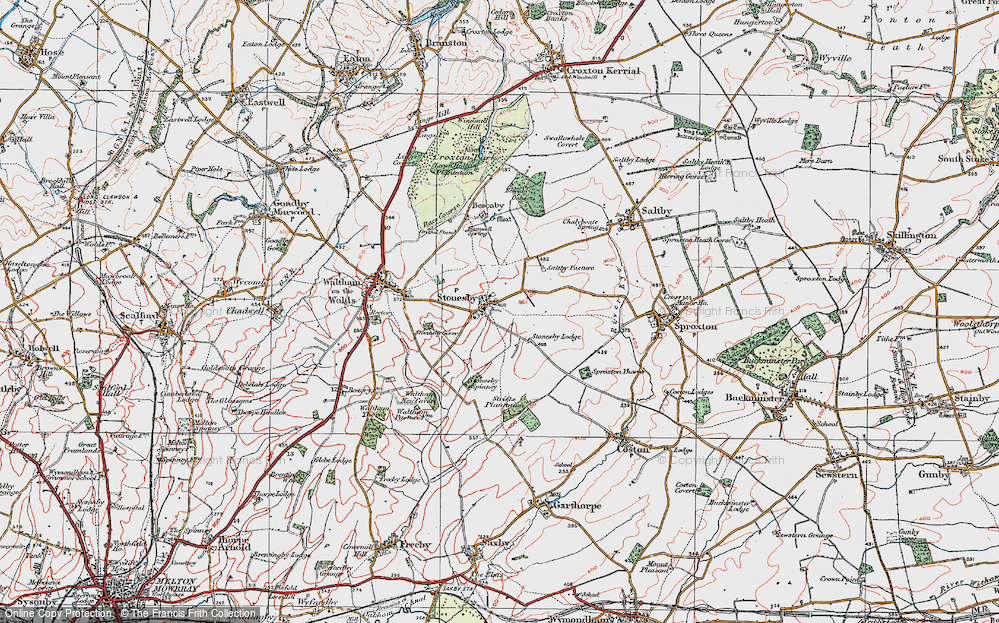 Old Map of Historic Map covering Stonesby Spinney in 1921