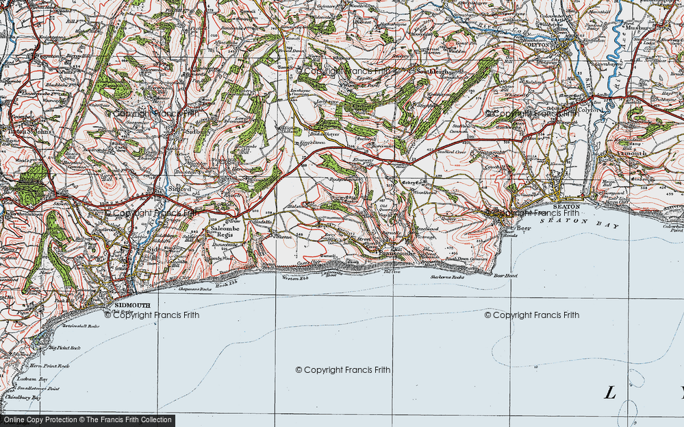 Old Map of Historic Map covering Branscombe Cross in 1919