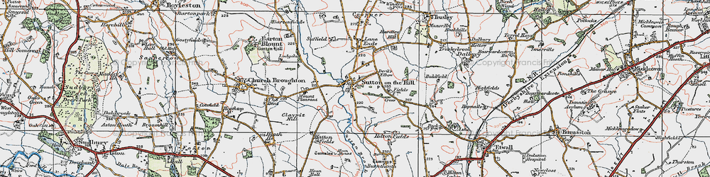 Old map of Sutton on the Hill in 1921