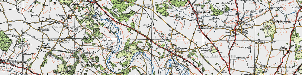 Old map of Taverham in 1922