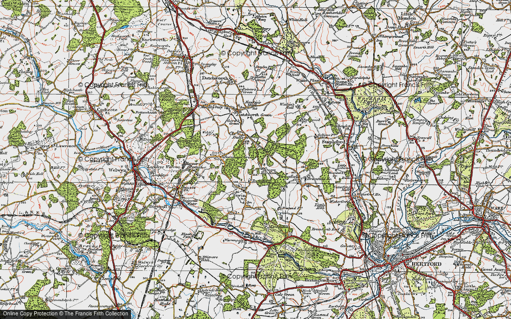 Old Map of Historic Map covering Bramfield Woods in 1920