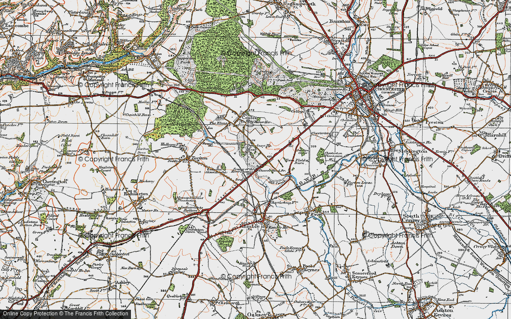 Old Map of Historic Map covering Source of the River Thames in 1919
