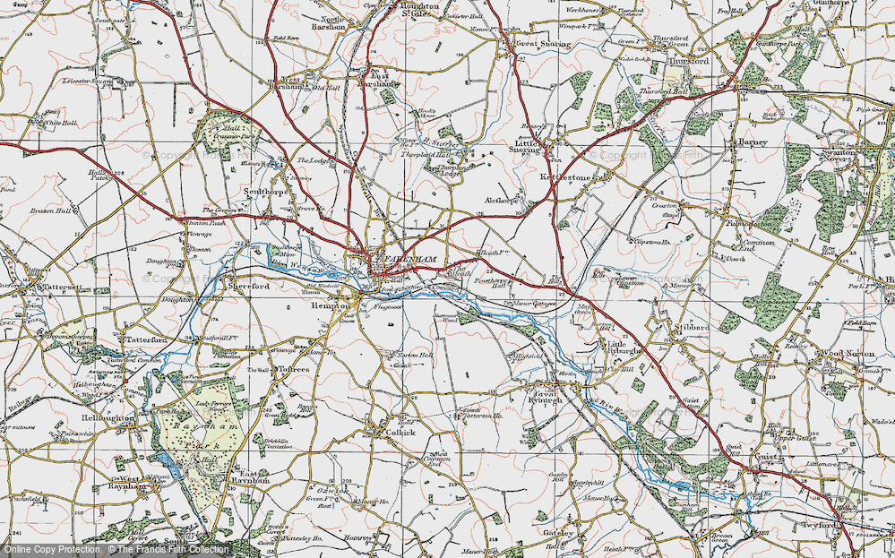 Old Map of Historic Map covering Pensthorpe Hall in 1921