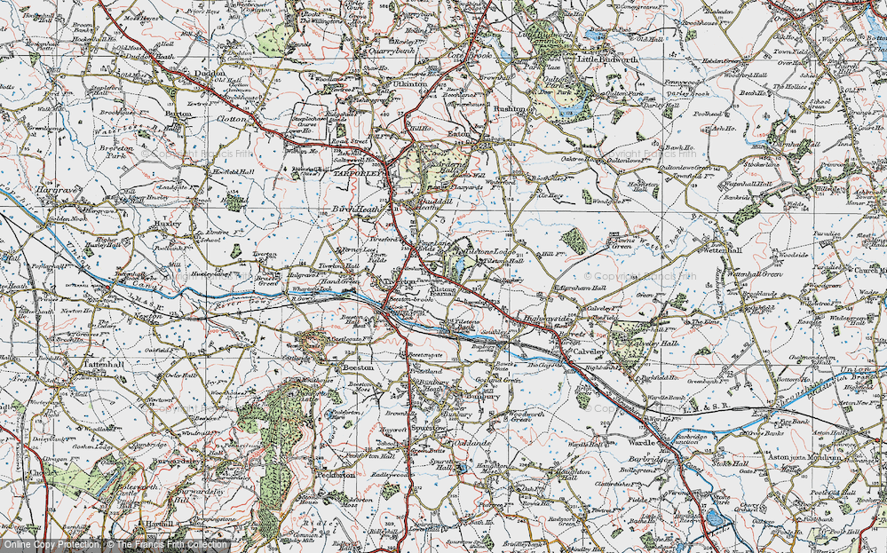 Old Map of Historic Map covering Wettenhall Brook in 1923
