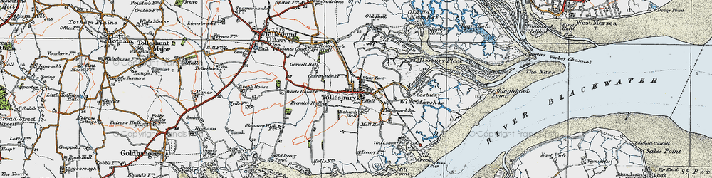 Old map of Tollesbury Wick Marshes in 1921
