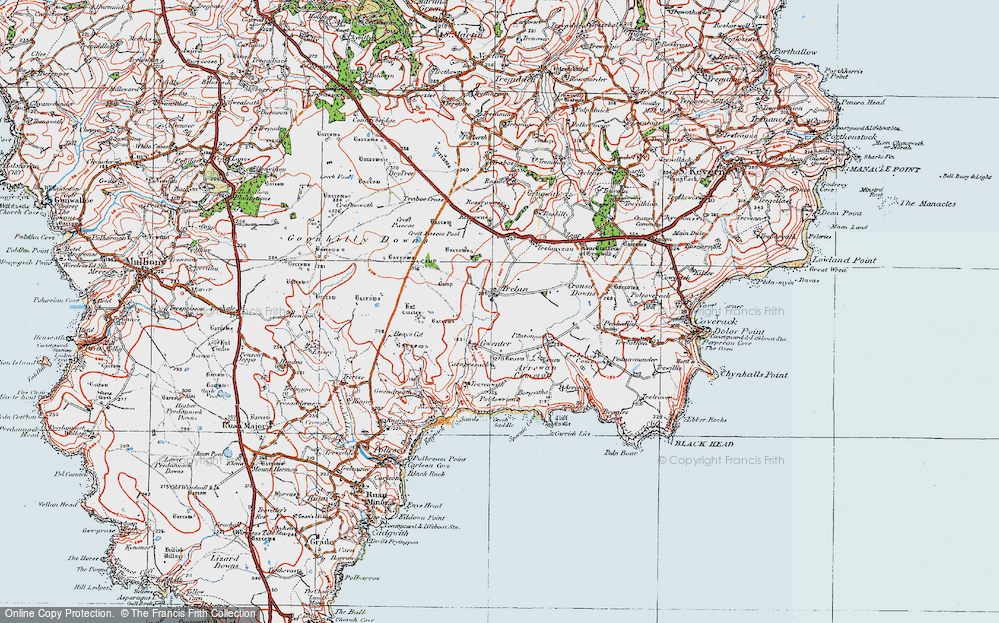 Old Map of Historic Map covering Goonhilly Downs in 1919