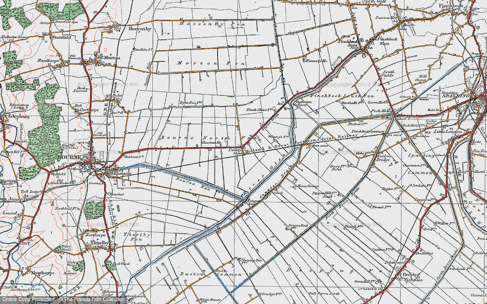 Old Map of Historic Map covering Bourne Eau in 1922