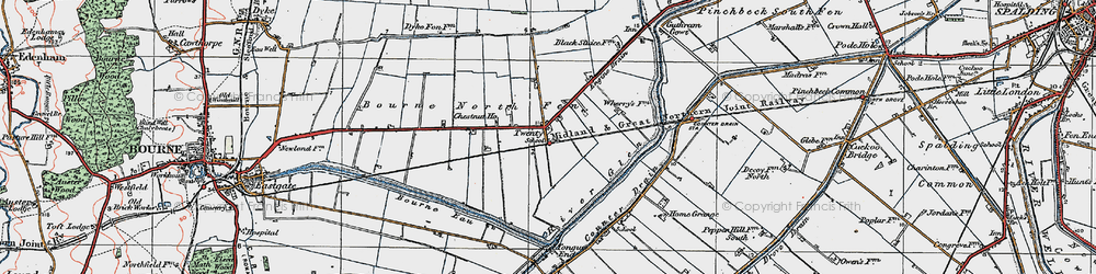 Old map of Bourne Eau in 1922