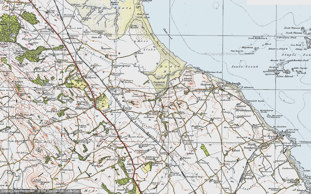 Old Map of Historic Map covering Budle Bay in 1926
