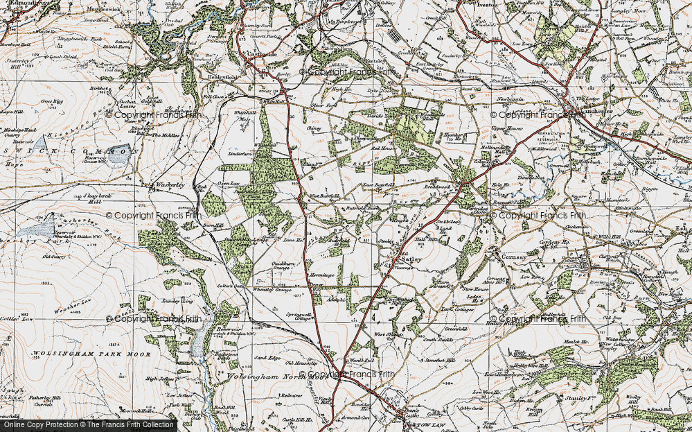 Old Map of Historic Map covering Butsfield Burn in 1925