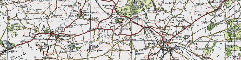 Old map of Wicklewood in 1921