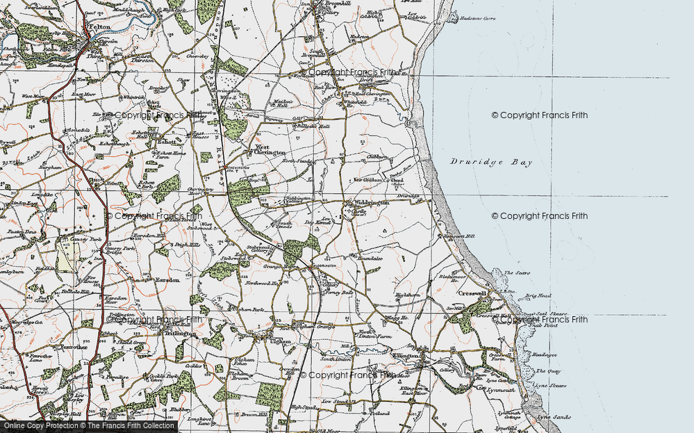 Old Map of Historic Map covering Druridge Bay in 1925