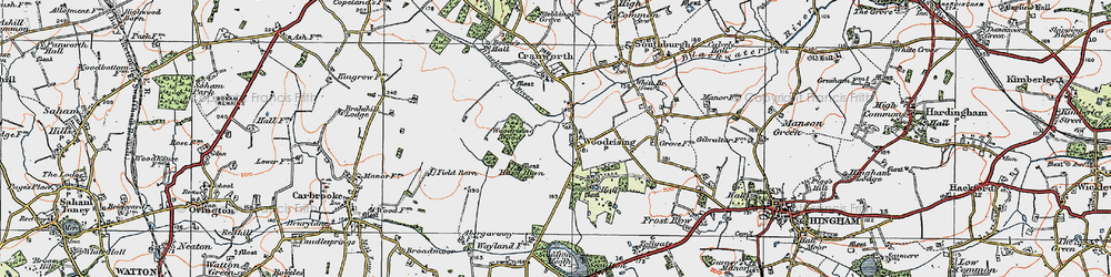 Old map of Woodrising Wood in 1921