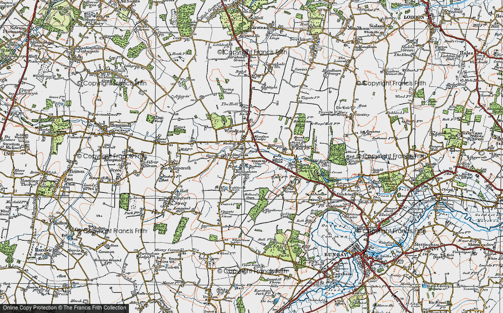 Old Map of Historic Map covering Woodton Lodge in 1921
