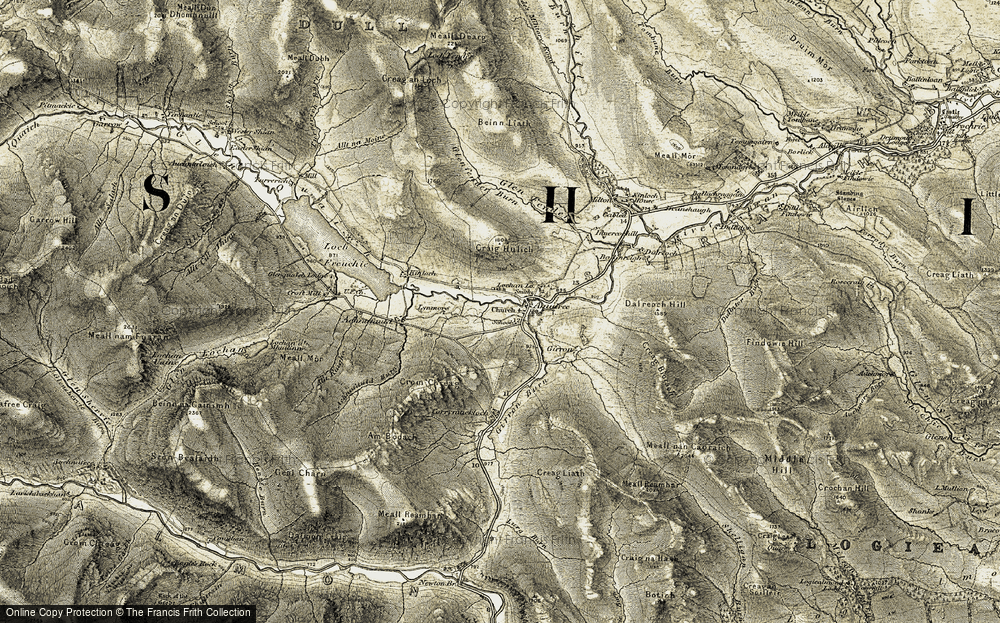 Old Map of Historic Map covering Achnafauld Burn in 1907-1908