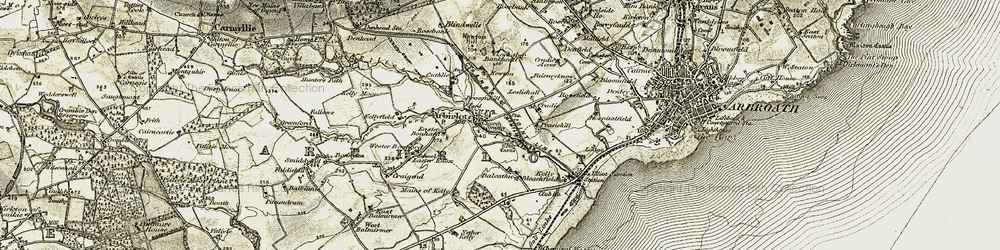Old map of Arbirlot in 1907-1908