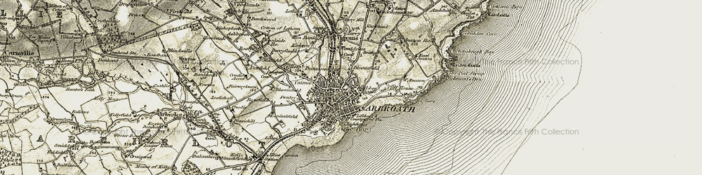 Old map of Arbroath in 1907-1908