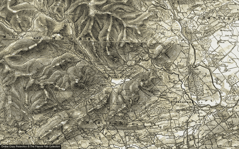 Old Map of Historic Map covering Brown Caterthun in 1908