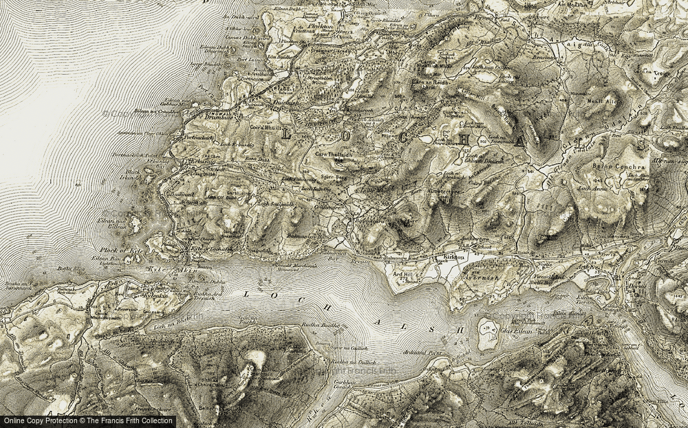 Old Map of Historic Map covering Balmacara Burn in 1908-1909