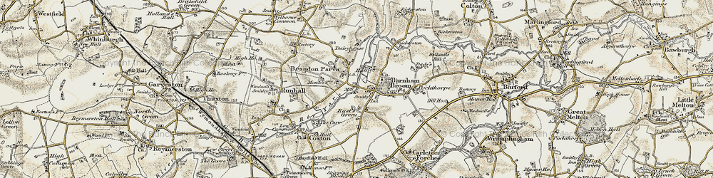 Old map of Barnham Broom in 1901-1902