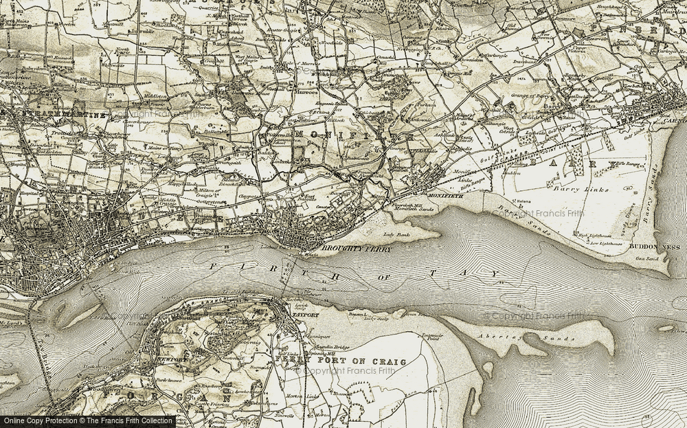Old Map of Historic Map covering Balmossie in 1907-1908