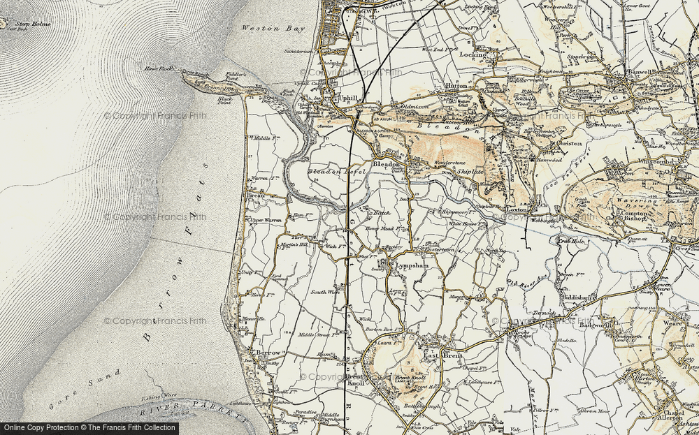 Old Map of Historic Map covering Bleadon Level in 1899-1900