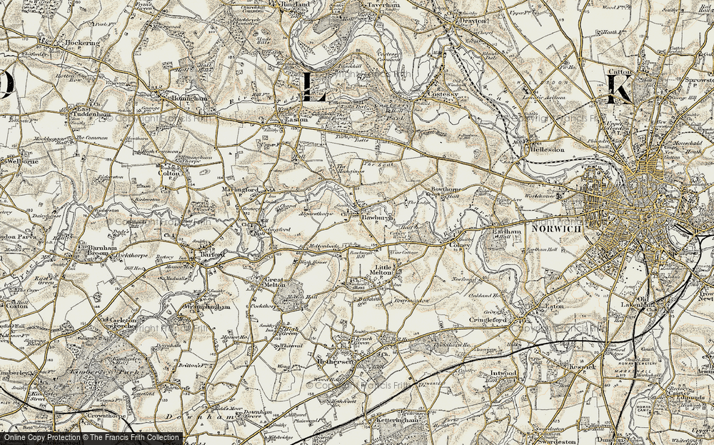 Old Map of Historic Map covering Bawburgh Hill in 1901-1902