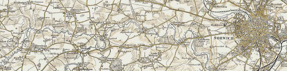Old map of Bawburgh in 1901-1902