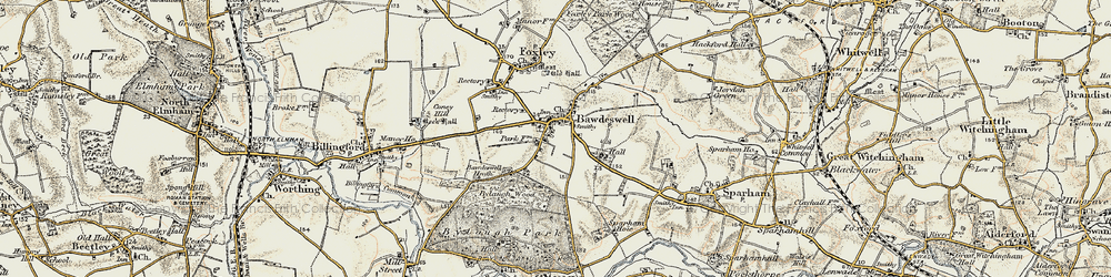 Old map of Bawdeswell in 1901-1902