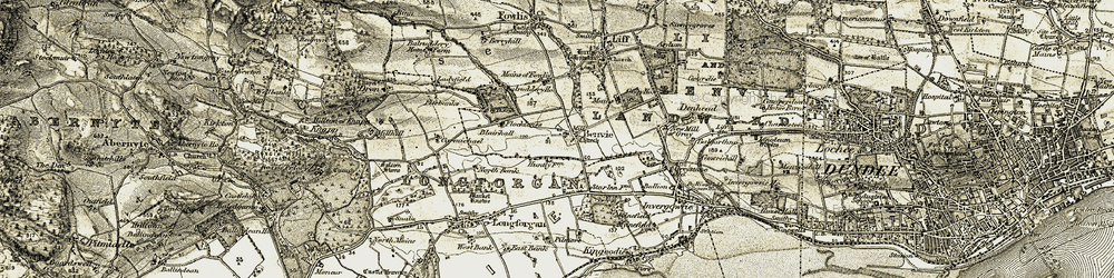 Old map of Benvie in 1907-1908