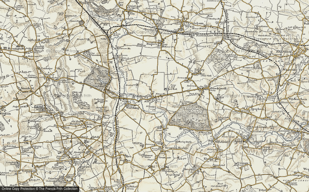 Old Map of Historic Map covering Billingford Common in 1901-1902