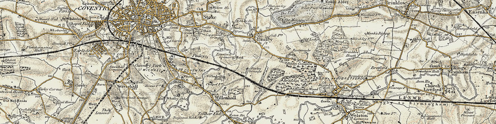 Old map of Binley in 1901-1902