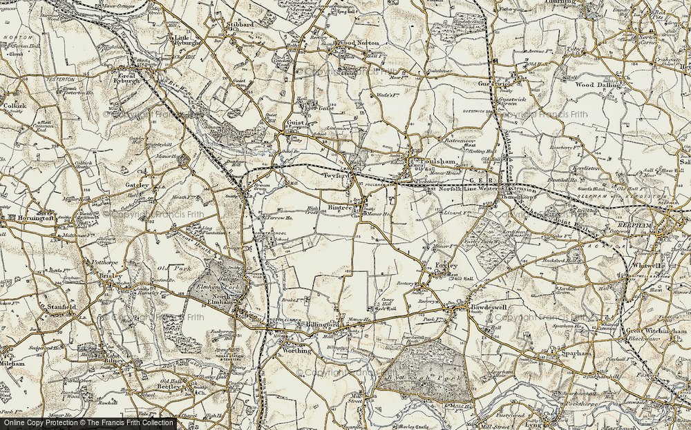 Old Map of Historic Map covering Bintree Hills in 1901-1902