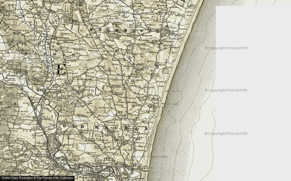 Old Map of Historic Map covering Blackdog Rock in 1909-1910