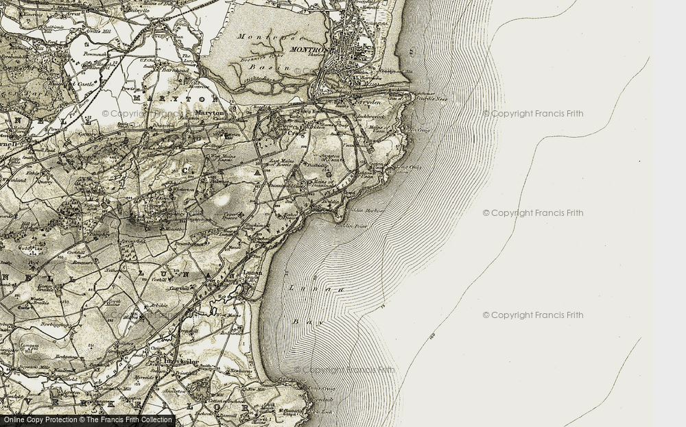 Old Map of Historic Map covering Boddin Harbour in 1907-1908