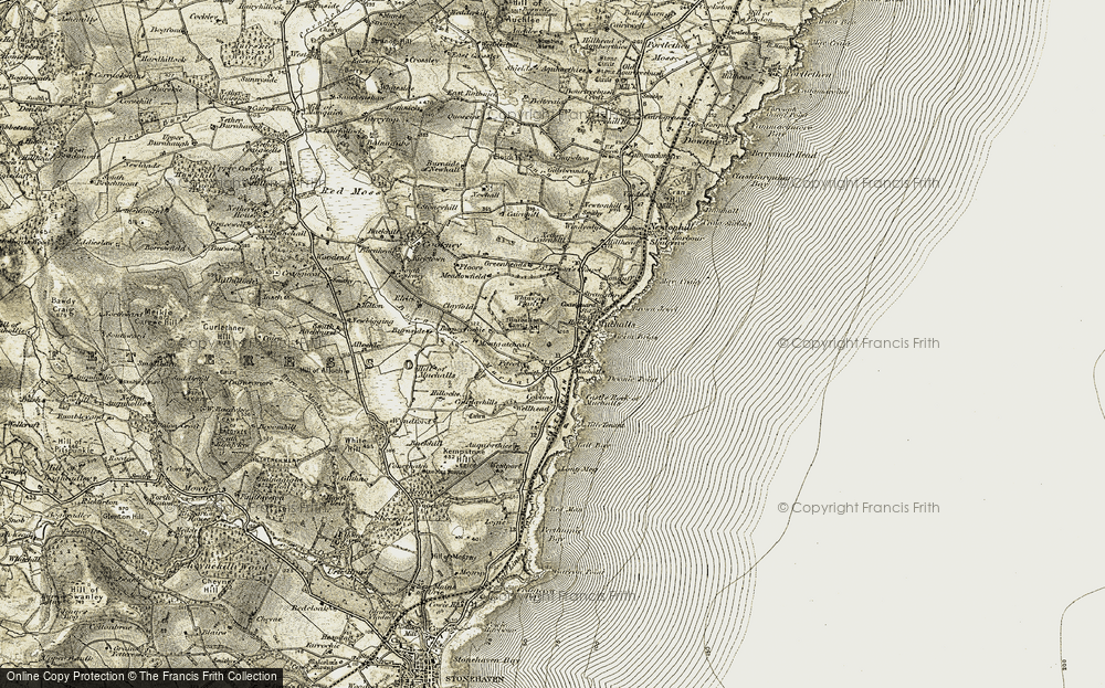 Old Map of Historic Map covering Burn of Muchalls in 1908-1909
