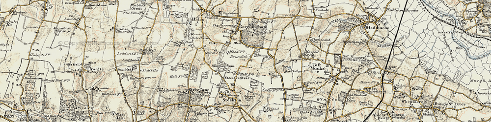 Old map of Brundish in 1901-1902